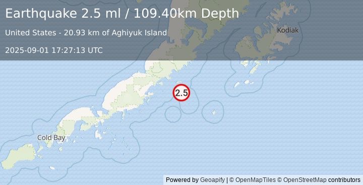 Earthquake 84 km E of Chignik, Alaska (2.5 ml) (2025-09-01 17:27:13 UTC)