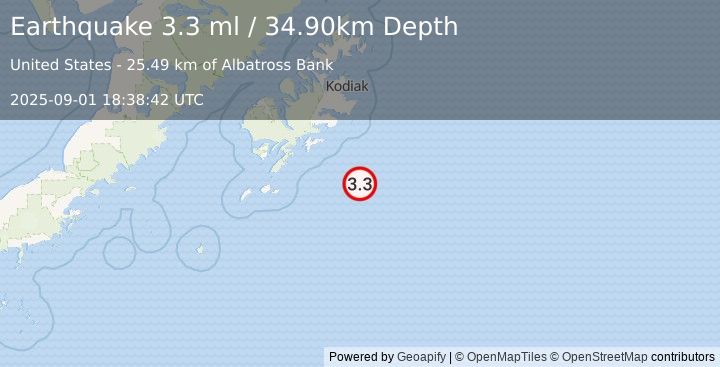 Earthquake 96 km SE of Old Harbor, Alaska (3.3 ml) (2025-09-01 18:38:42 UTC)