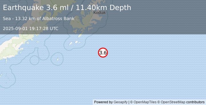 Earthquake 140 km SSE of Old Harbor, Alaska (3.6 ml) (2025-09-01 19:17:28 UTC)