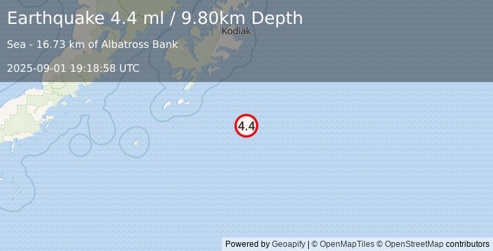 Earthquake 141 km SSE of Old Harbor, Alaska (4.4 ml) (2025-09-01 19:18:58 UTC)