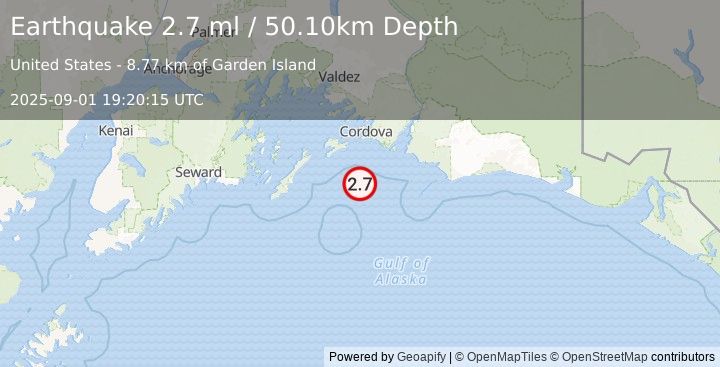 Earthquake 63 km S of Cordova, Alaska (2.7 ml) (2025-09-01 19:20:15 UTC)