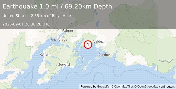 Earthquake 35 km WNW of Tatitlek, Alaska (1.0 ml) (2025-09-01 20:30:28 UTC)