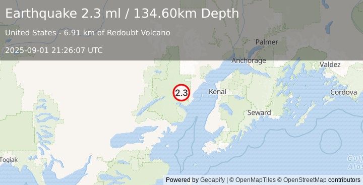 Earthquake 83 km W of Salamatof, Alaska (2.3 ml) (2025-09-01 21:26:07 UTC)