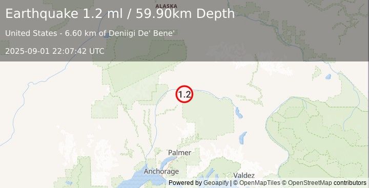 Earthquake 69 km S of Cantwell, Alaska (1.2 ml) (2025-09-01 22:07:42 UTC)