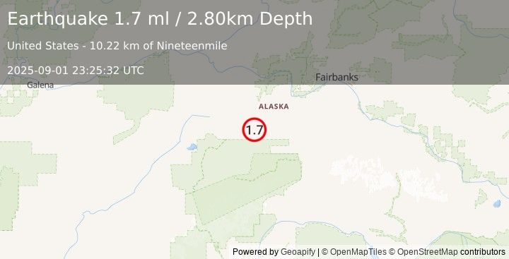 Earthquake 54 km WSW of Clear, Alaska (1.7 ml) (2025-09-01 23:25:32 UTC)