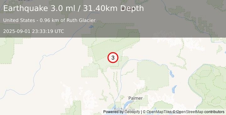 Earthquake 47 km N of Petersville, Alaska (3.0 ml) (2025-09-01 23:33:19 UTC)