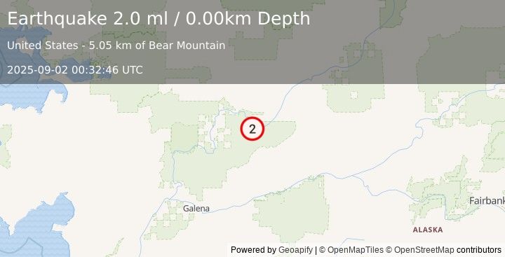 Earthquake 51 km SW of Hughes, Alaska (2.0 ml) (2025-09-02 00:32:46 UTC)