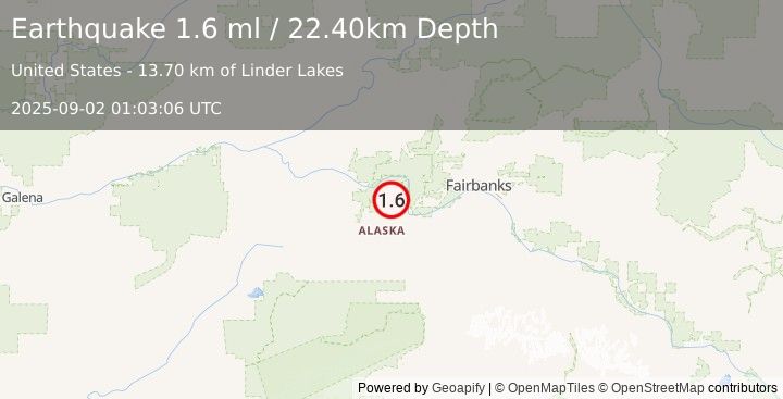 Earthquake 20 km NW of Four Mile Road, Alaska (1.6 ml) (2025-09-02 01:03:06 UTC)