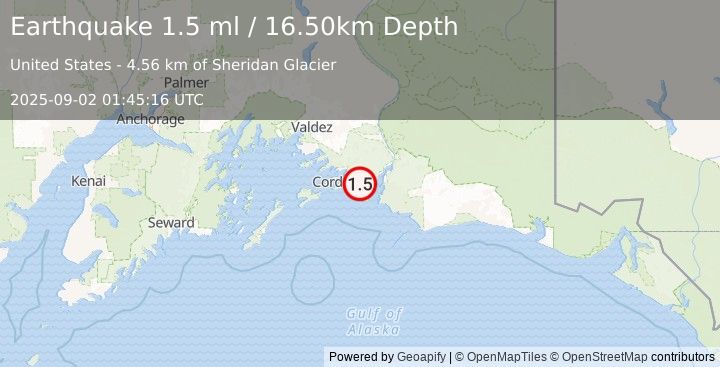 Earthquake 25 km E of Cordova, Alaska (1.5 ml) (2025-09-02 01:45:16 UTC)