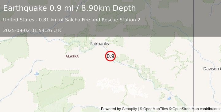 Earthquake 7 km S of Salcha, Alaska (0.9 ml) (2025-09-02 01:54:26 UTC)