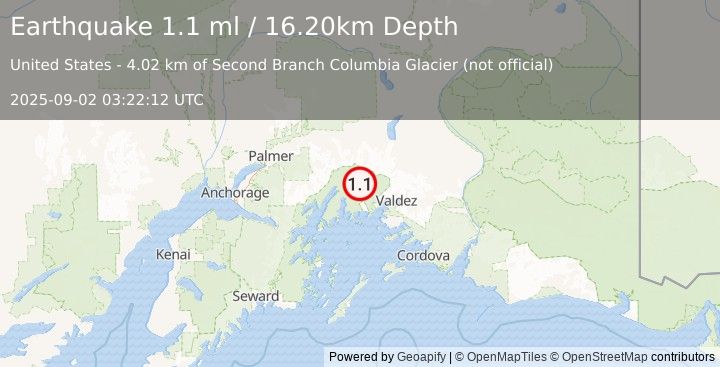Earthquake 47 km WNW of Valdez, Alaska (1.1 ml) (2025-09-02 03:22:12 UTC)