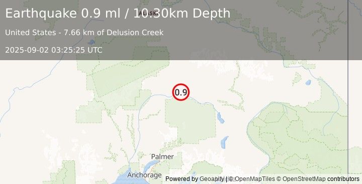 Earthquake 62 km SSE of Cantwell, Alaska (0.9 ml) (2025-09-02 03:25:25 UTC)