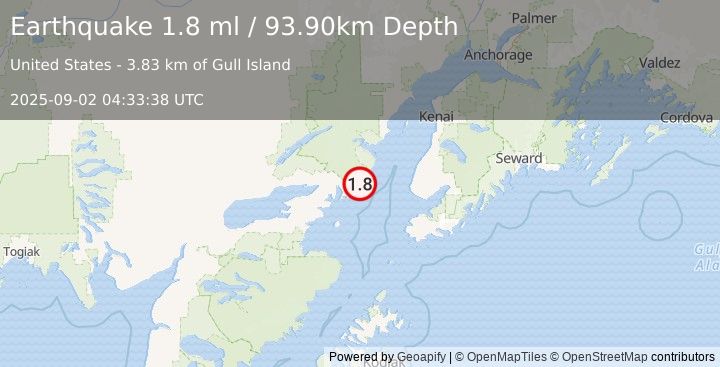 Earthquake 62 km W of Anchor Point, Alaska (1.8 ml) (2025-09-02 04:33:38 UTC)