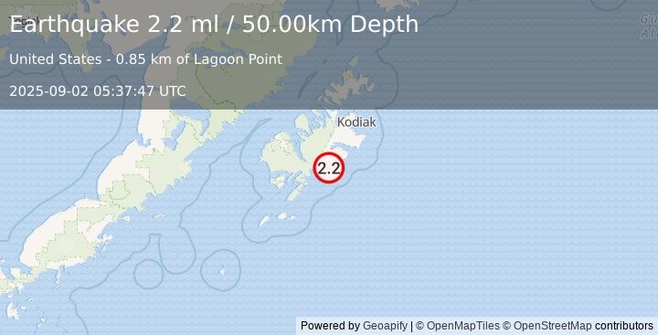 Earthquake 14 km E of Old Harbor, Alaska (2.2 ml) (2025-09-02 05:37:47 UTC)