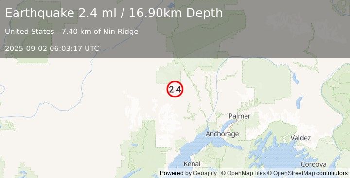 Earthquake 38 km WNW of Skwentna, Alaska (2.4 ml) (2025-09-02 06:03:17 UTC)