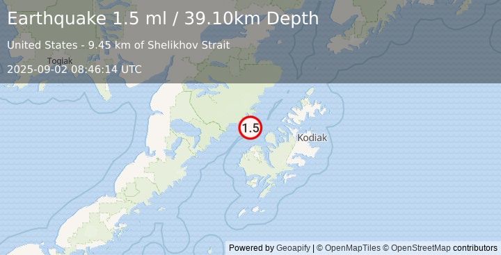 Earthquake 43 km N of Karluk, Alaska (1.5 ml) (2025-09-02 08:46:14 UTC)