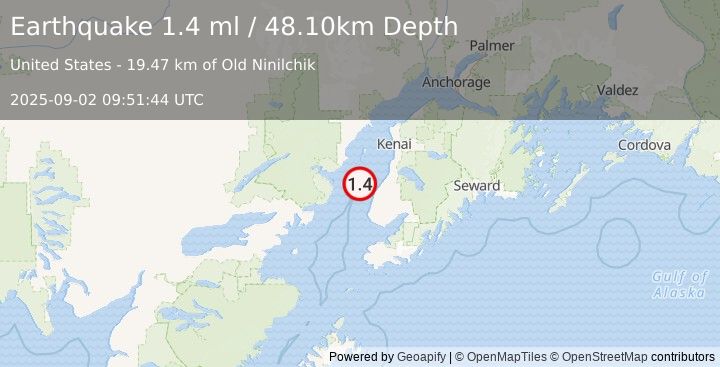 Earthquake 20 km WNW of Ninilchik, Alaska (1.4 ml) (2025-09-02 09:51:44 UTC)