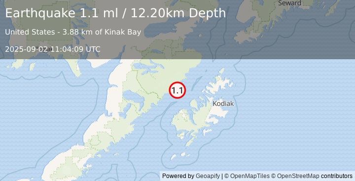 Earthquake 58 km N of Karluk, Alaska (1.1 ml) (2025-09-02 11:04:09 UTC)