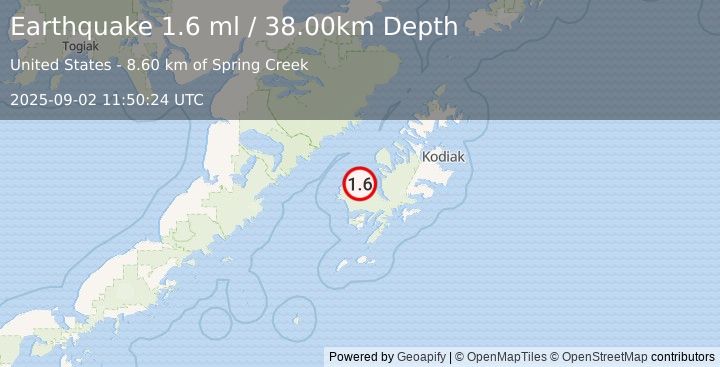 Earthquake 17 km WSW of Larsen Bay, Alaska (1.6 ml) (2025-09-02 11:50:24 UTC)