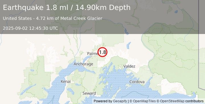 Earthquake 16 km S of Chickaloon, Alaska (1.8 ml) (2025-09-02 12:45:30 UTC)
