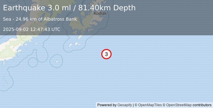 Earthquake 146 km SE of Old Harbor, Alaska (3.0 ml) (2025-09-02 12:47:43 UTC)