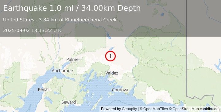 Earthquake 35 km SSE of Nelchina, Alaska (1.0 ml) (2025-09-02 13:13:22 UTC)
