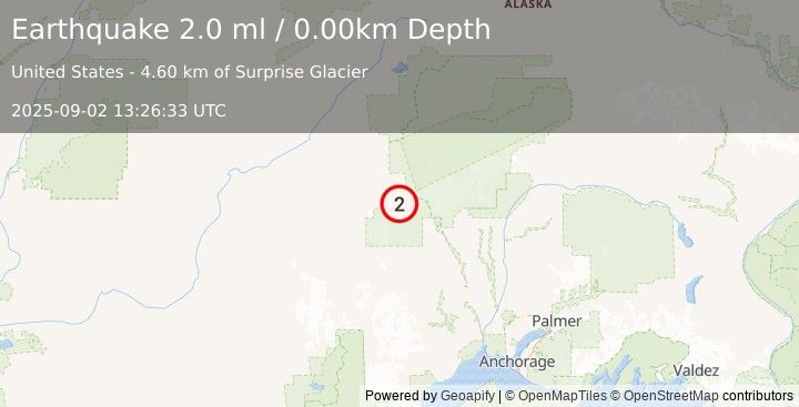 Earthquake 77 km WNW of Petersville, Alaska (2.0 ml) (2025-09-02 13:26:33 UTC)