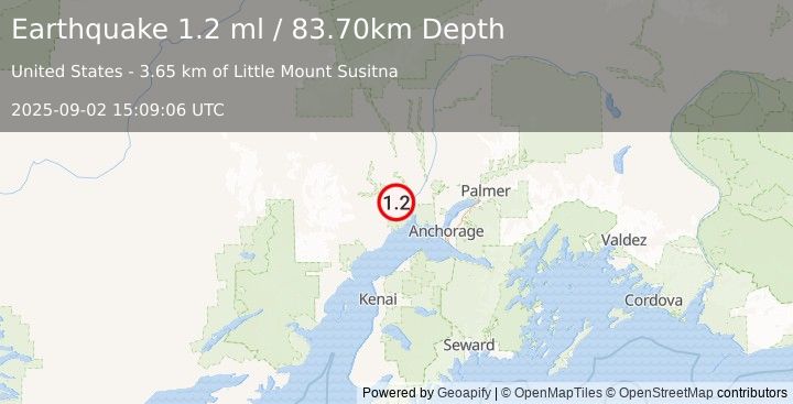 Earthquake 20 km WSW of Susitna, Alaska (1.2 ml) (2025-09-02 15:09:06 UTC)