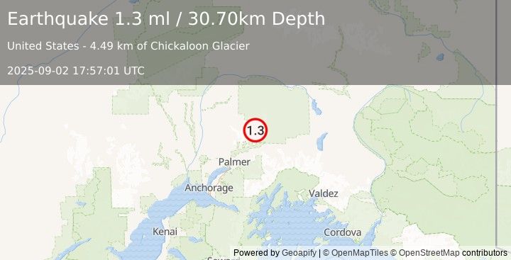 Earthquake 29 km N of Chickaloon, Alaska (1.3 ml) (2025-09-02 17:57:01 UTC)