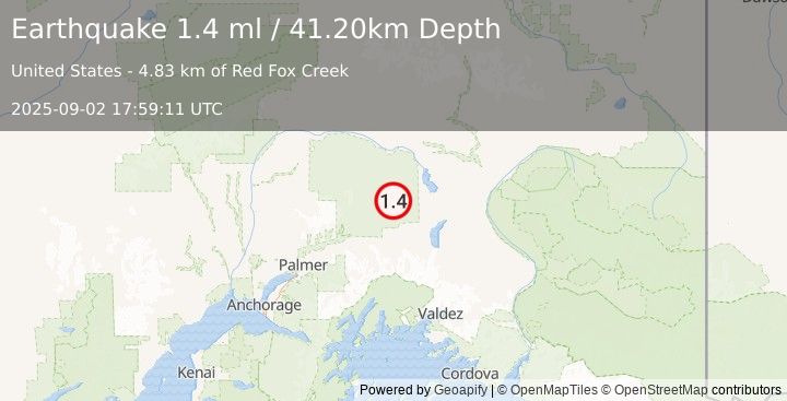 Earthquake 30 km NNW of Eureka Roadhouse, Alaska (1.4 ml) (2025-09-02 17:59:11 UTC)