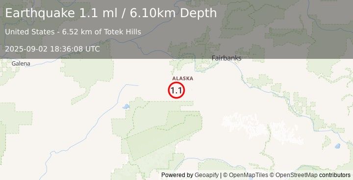 Earthquake 37 km W of Clear, Alaska (1.1 ml) (2025-09-02 18:36:08 UTC)