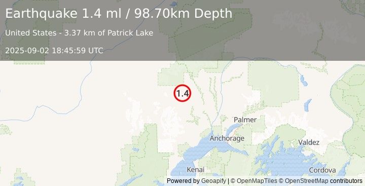 Earthquake 28 km NW of Skwentna, Alaska (1.4 ml) (2025-09-02 18:45:59 UTC)