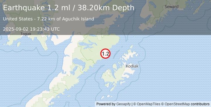 Earthquake 80 km N of Karluk, Alaska (1.2 ml) (2025-09-02 19:23:43 UTC)