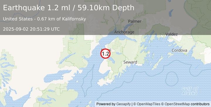 Earthquake 0 km WNW of Kalifornsky, Alaska (1.2 ml) (2025-09-02 20:51:29 UTC)