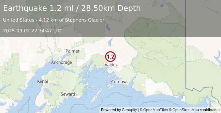 Earthquake 31 km N of Valdez, Alaska (1.2 ml) (2025-09-02 22:34:47 UTC)
