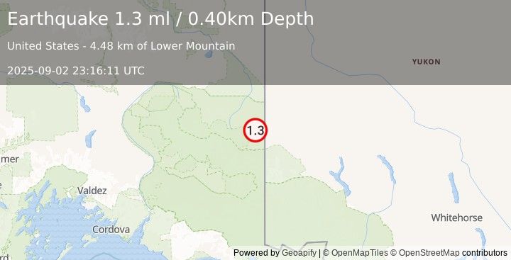 Earthquake 73 km S of Alcan Border, Alaska (1.3 ml) (2025-09-02 23:16:11 UTC)