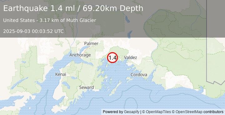 Earthquake 58 km WNW of Tatitlek, Alaska (1.4 ml) (2025-09-03 00:03:52 UTC)