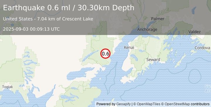 Earthquake 72 km E of Port Alsworth, Alaska (0.6 ml) (2025-09-03 00:09:13 UTC)