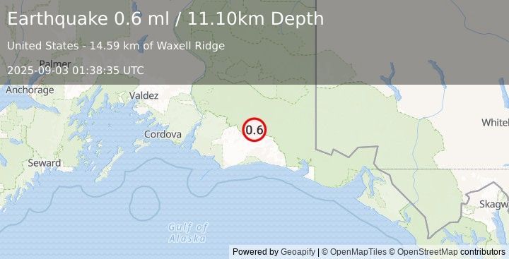Earthquake 91 km S of McCarthy, Alaska (0.6 ml) (2025-09-03 01:38:35 UTC)