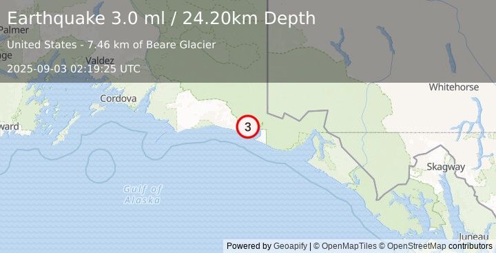 Earthquake 122 km WNW of Yakutat, Alaska (3.0 ml) (2025-09-03 02:19:25 UTC)