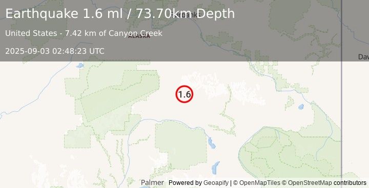 Earthquake 61 km E of Cantwell, Alaska (1.6 ml) (2025-09-03 02:48:23 UTC)