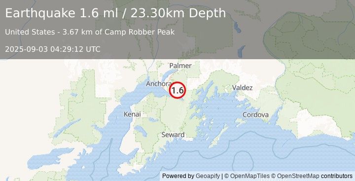 Earthquake 14 km NNW of Girdwood, Alaska (1.6 ml) (2025-09-03 04:29:12 UTC)