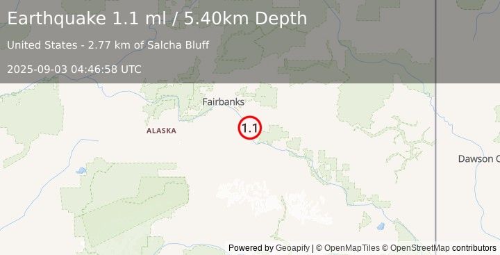 Earthquake 4 km SSE of Salcha, Alaska (1.1 ml) (2025-09-03 04:46:58 UTC)