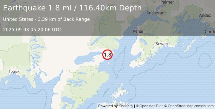 Earthquake 35 km ESE of Pedro Bay, Alaska (1.8 ml) (2025-09-03 05:20:06 UTC)