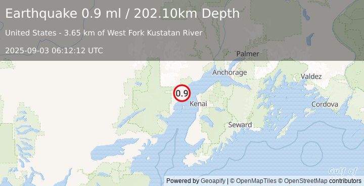 Earthquake 38 km WNW of Nikiski, Alaska (0.9 ml) (2025-09-03 06:12:12 UTC)