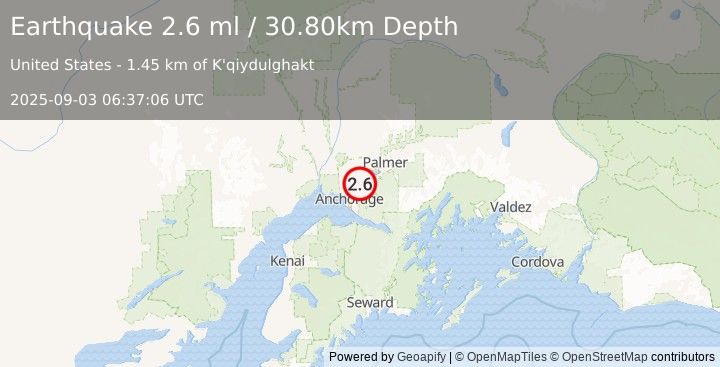 Earthquake 7 km NW of Eagle River, Alaska (2.6 ml) (2025-09-03 06:37:06 UTC)