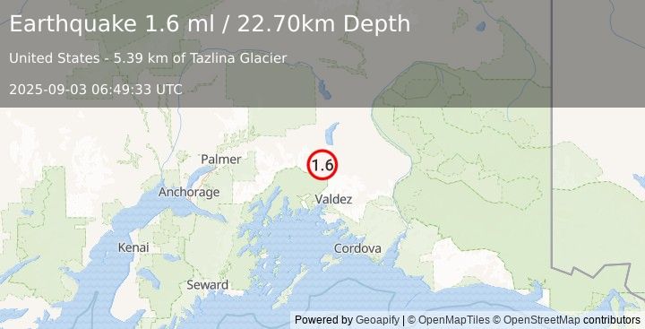 Earthquake 47 km NNW of Valdez, Alaska (1.6 ml) (2025-09-03 06:49:33 UTC)