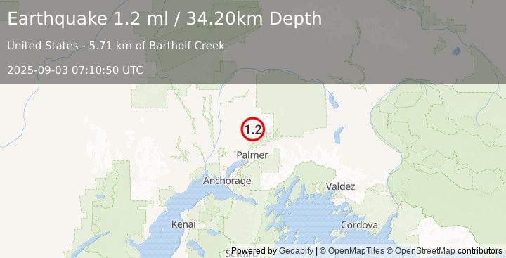 Earthquake 27 km NNE of Fishhook, Alaska (1.2 ml) (2025-09-03 07:10:50 UTC)