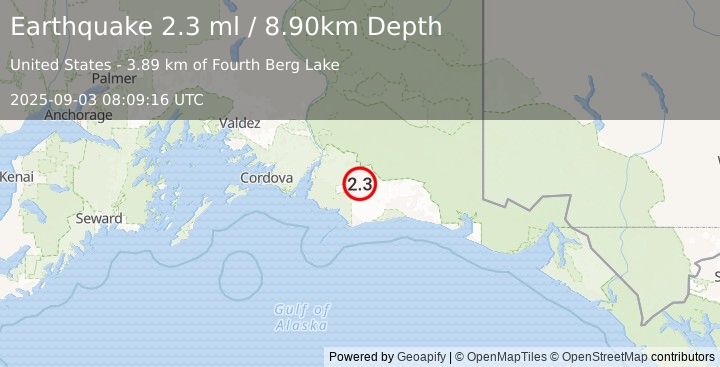Earthquake 112 km E of Cordova, Alaska (2.3 ml) (2025-09-03 08:09:16 UTC)
