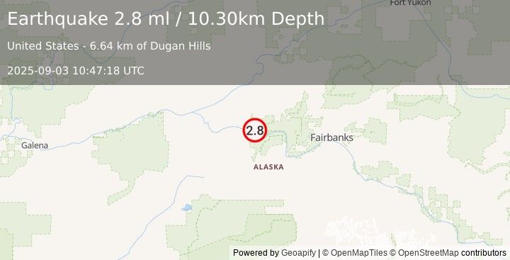 Earthquake 26 km ESE of Manley Hot Springs, Alaska (2.8 ml) (2025-09-03 10:47:18 UTC)